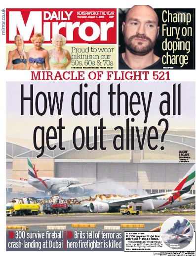 Daily Mirror Newspaper Front Page (UK) for 4 August 2016