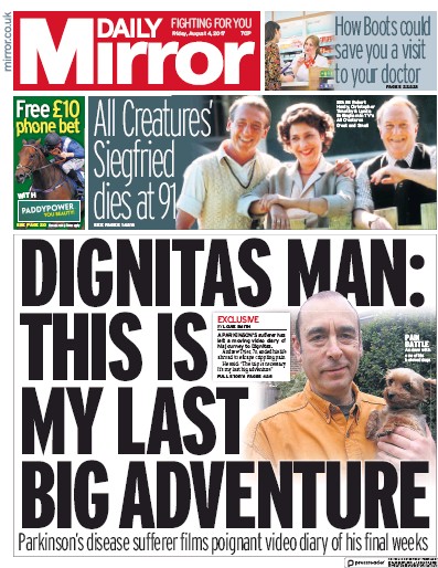 Daily Mirror Newspaper Front Page (UK) for 4 August 2017