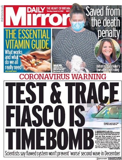 Daily Mirror Newspaper Front Page (UK) for 4 August 2020