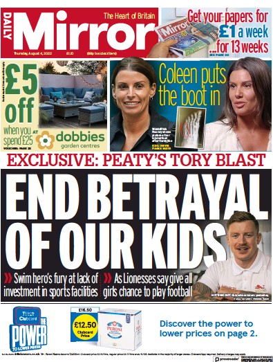 Daily Mirror Newspaper Front Page (UK) for 4 August 2022