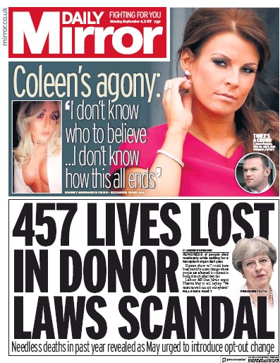 Daily Mirror Newspaper Front Page (UK) for 4 September 2017