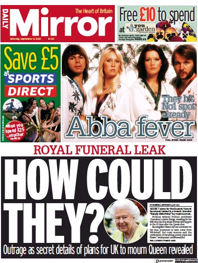 Daily Mirror Newspaper Front Page (UK) for 4 September 2021