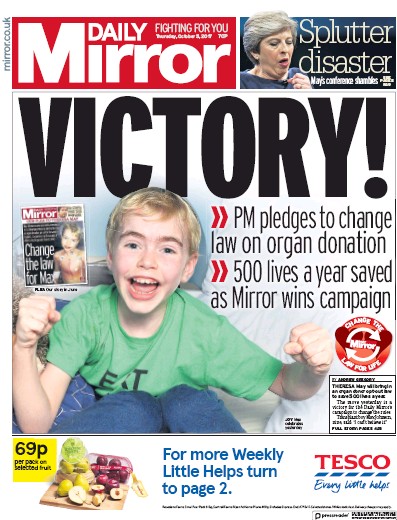 Daily Mirror Newspaper Front Page (UK) for 5 October 2017