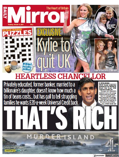 Daily Mirror Newspaper Front Page (UK) for 5 October 2021