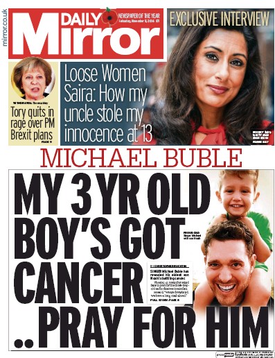 Daily Mirror Newspaper Front Page (UK) for 5 November 2016