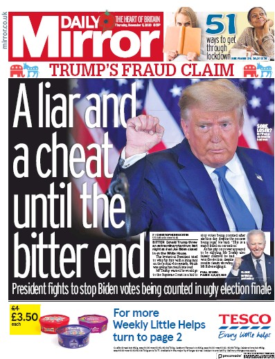 Daily Mirror Newspaper Front Page (UK) for 5 November 2020