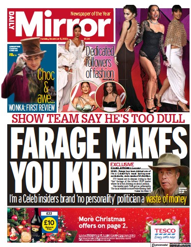 Daily Mirror Newspaper Front Page (UK) for 5 December 2023
