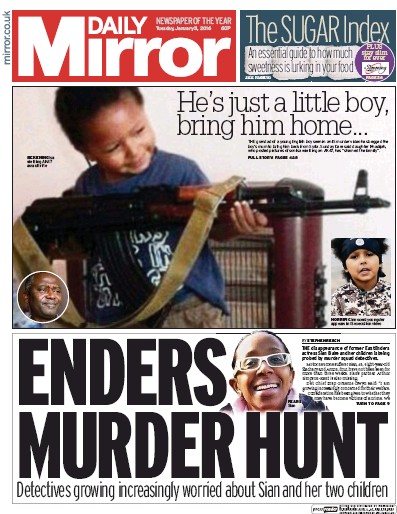 Daily Mirror Newspaper Front Page (UK) for 5 January 2016