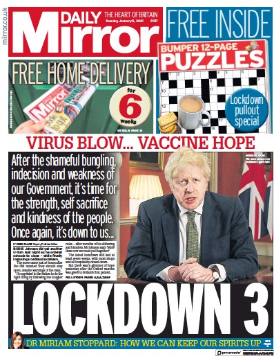 Daily Mirror Newspaper Front Page (UK) for 5 January 2021
