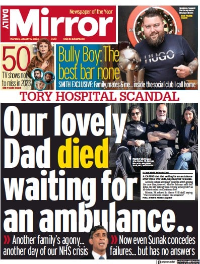 Daily Mirror Newspaper Front Page (UK) for 5 January 2023