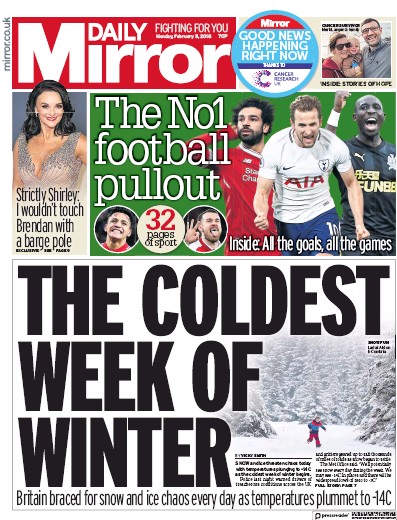 Daily Mirror Newspaper Front Page (UK) for 5 February 2018