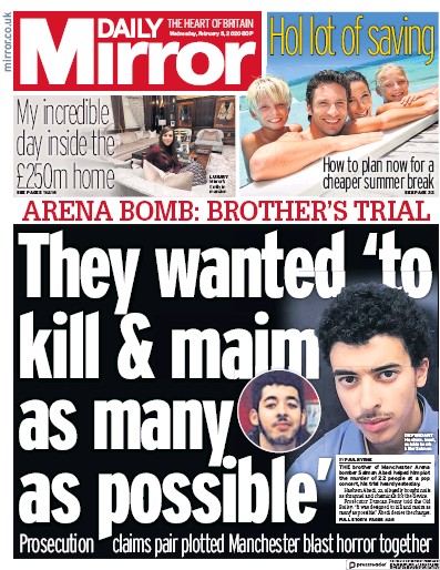 Daily Mirror Newspaper Front Page (UK) for 5 February 2020