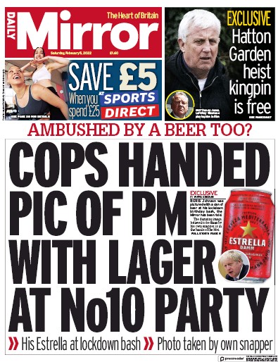Daily Mirror Newspaper Front Page (UK) for 5 February 2022