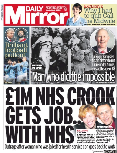 Daily Mirror Newspaper Front Page (UK) for 5 March 2018