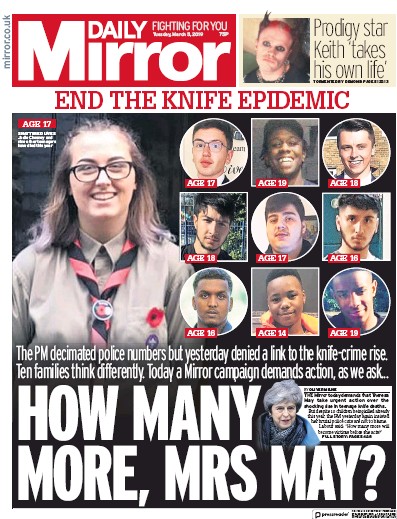 Daily Mirror Newspaper Front Page (UK) for 5 March 2019