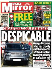 Daily Mirror Newspaper Front Page (UK) for 5 April 2013