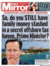 Daily Mirror (UK) Newspaper Front Page for 5 April 2016