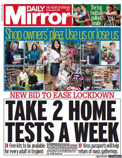 Daily Mirror Newspaper Front Page (UK) for 5 April 2021