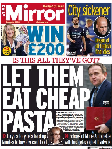 Daily Mirror Newspaper Front Page (UK) for 5 May 2022