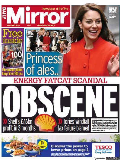 Daily Mirror Newspaper Front Page (UK) for 5 May 2023