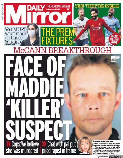 Daily Mirror Newspaper Front Page (UK) for 5 June 2020