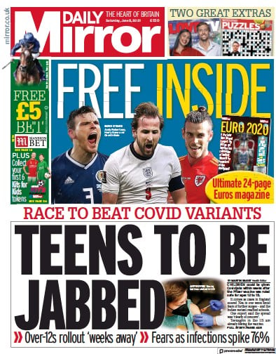 Daily Mirror Newspaper Front Page (UK) for 5 June 2021