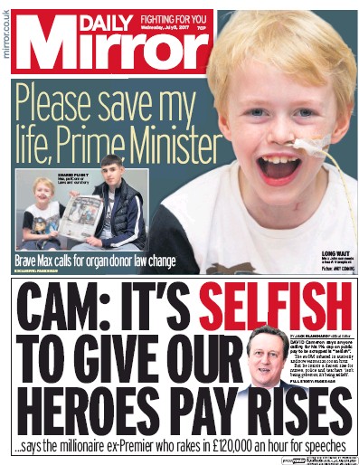 Daily Mirror Newspaper Front Page (UK) for 5 July 2017