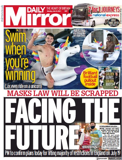 Daily Mirror Newspaper Front Page (UK) for 5 July 2021