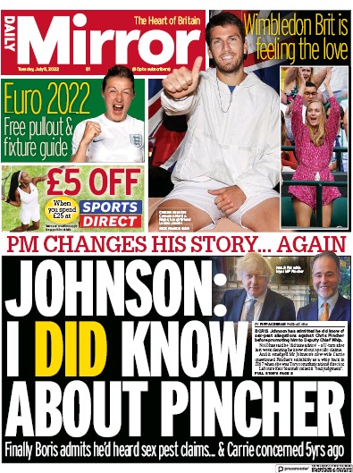 Daily Mirror Newspaper Front Page (UK) for 5 July 2022