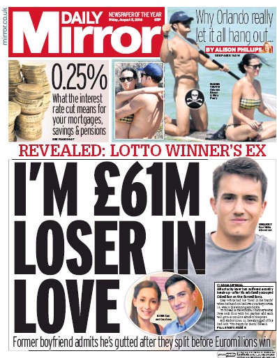 Daily Mirror Newspaper Front Page (UK) for 5 August 2016
