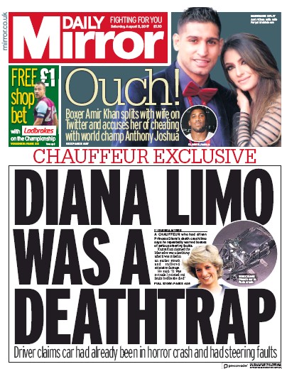 Daily Mirror Newspaper Front Page (UK) for 5 August 2017