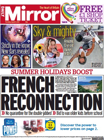 Daily Mirror Newspaper Front Page (UK) for 5 August 2021