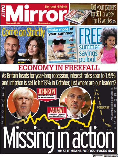 Daily Mirror Newspaper Front Page (UK) for 5 August 2022