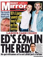 Daily Mirror Newspaper Front Page (UK) for 5 September 2013