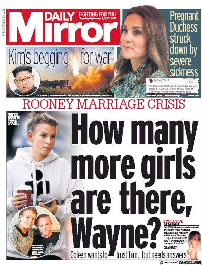Daily Mirror Newspaper Front Page (UK) for 5 September 2017