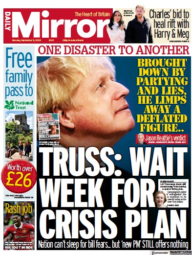 Daily Mirror Newspaper Front Page (UK) for 5 September 2022
