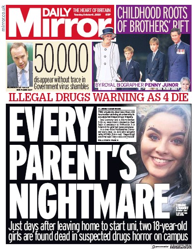 Daily Mirror Newspaper Front Page (UK) for 6 October 2020