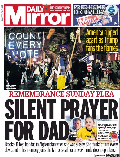 Daily Mirror Newspaper Front Page (UK) for 6 November 2020