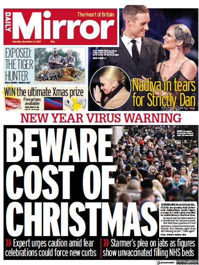 Daily Mirror Newspaper Front Page (UK) for 6 December 2021