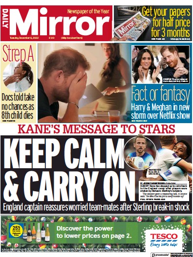 Daily Mirror Newspaper Front Page (UK) for 6 December 2022