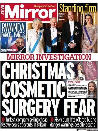 Daily Mirror Newspaper Front Page (UK) for 6 December 2023