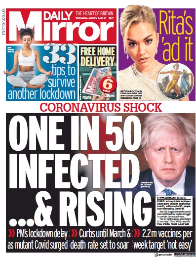 Daily Mirror Newspaper Front Page (UK) for 6 January 2021
