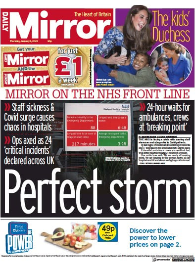 Daily Mirror Newspaper Front Page (UK) for 6 January 2022