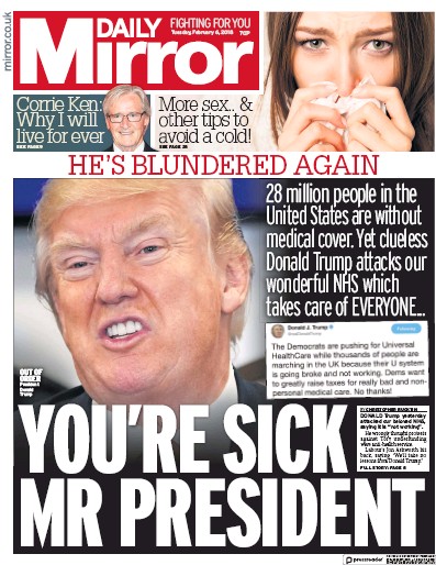 Daily Mirror Newspaper Front Page (UK) for 6 February 2018