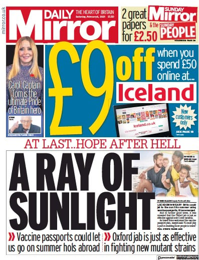 Daily Mirror Newspaper Front Page (UK) for 6 February 2021
