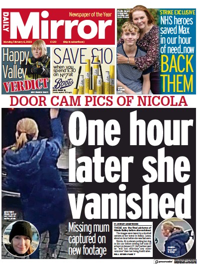 Daily Mirror Newspaper Front Page (UK) for 6 February 2023
