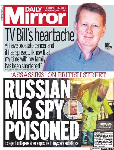 Daily Mirror Newspaper Front Page (UK) for 6 March 2018