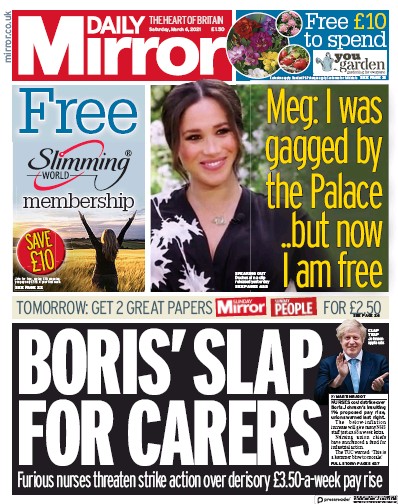 Daily Mirror Newspaper Front Page (UK) for 6 March 2021