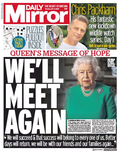 Daily Mirror Newspaper Front Page (UK) for 6 April 2020