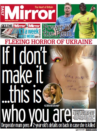 Daily Mirror Newspaper Front Page (UK) for 6 April 2022